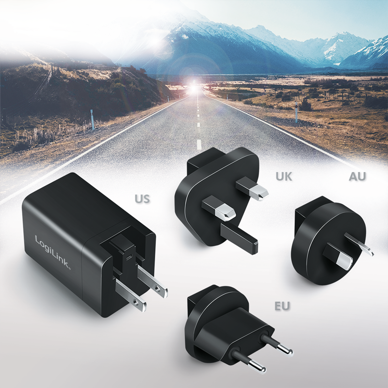 USB Reiseadapter für die Steckdose 1x USB-A 1x USB-C GaN-Technologie 30W  mit US AU UK und EU Stecker