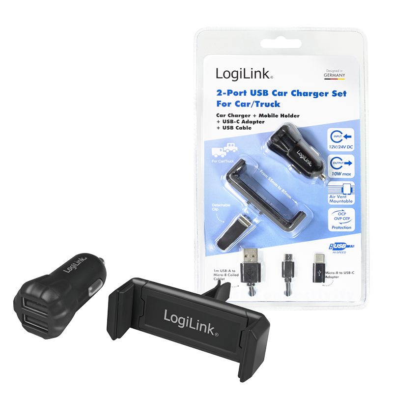 USB Kfz Ladegerät + Smartphone Halterung + USB Kabel micro und USB-C  Adapter Set