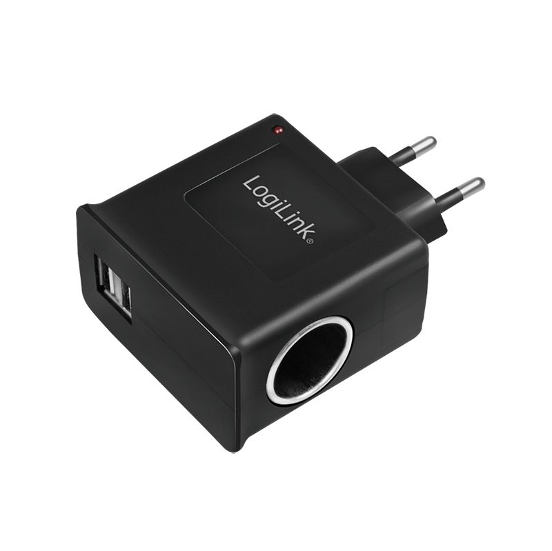 Steckdosenadapter, 2x USB-Ports + 1x Zigarettenanzünder Buchse