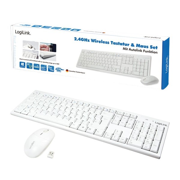 LogiLink ID0104W Funk Set Tastatur & Maus, Autolink Funktion, weiss, 13 Hotkeys