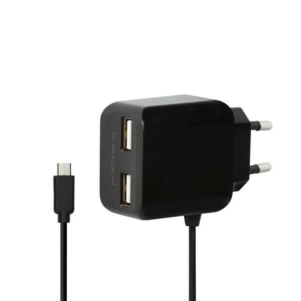 LogiLink USB Steckdosenadapter mit Micro USB-Kabel, 2x USB-Port schwarz