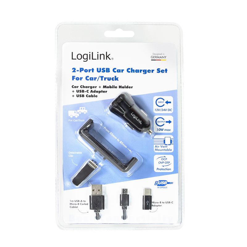 USB Kfz Ladegerät + Smartphone Halterung + USB Kabel micro und USB-C Adapter  Set