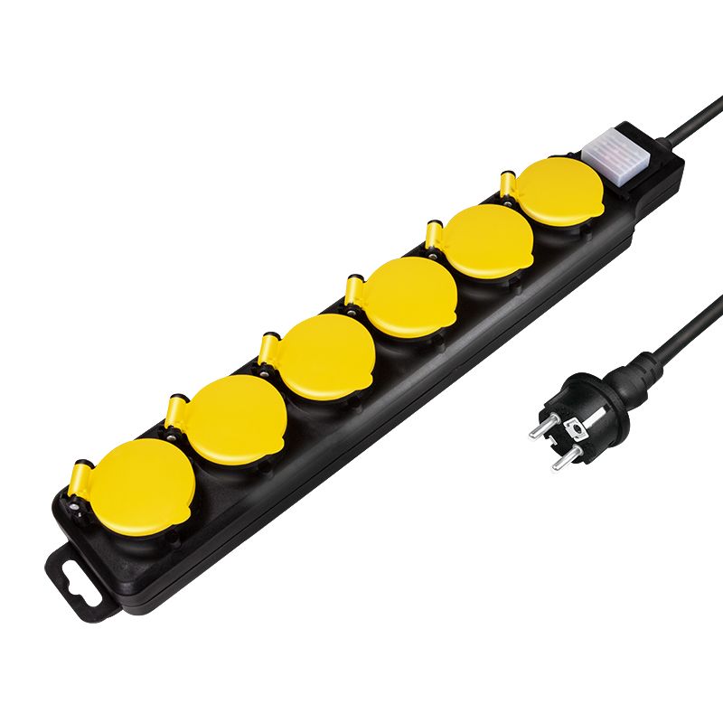 6-fach Schuko Steckdosenleiste für Aussen gelb mit beleuchteter Schalter IP44 